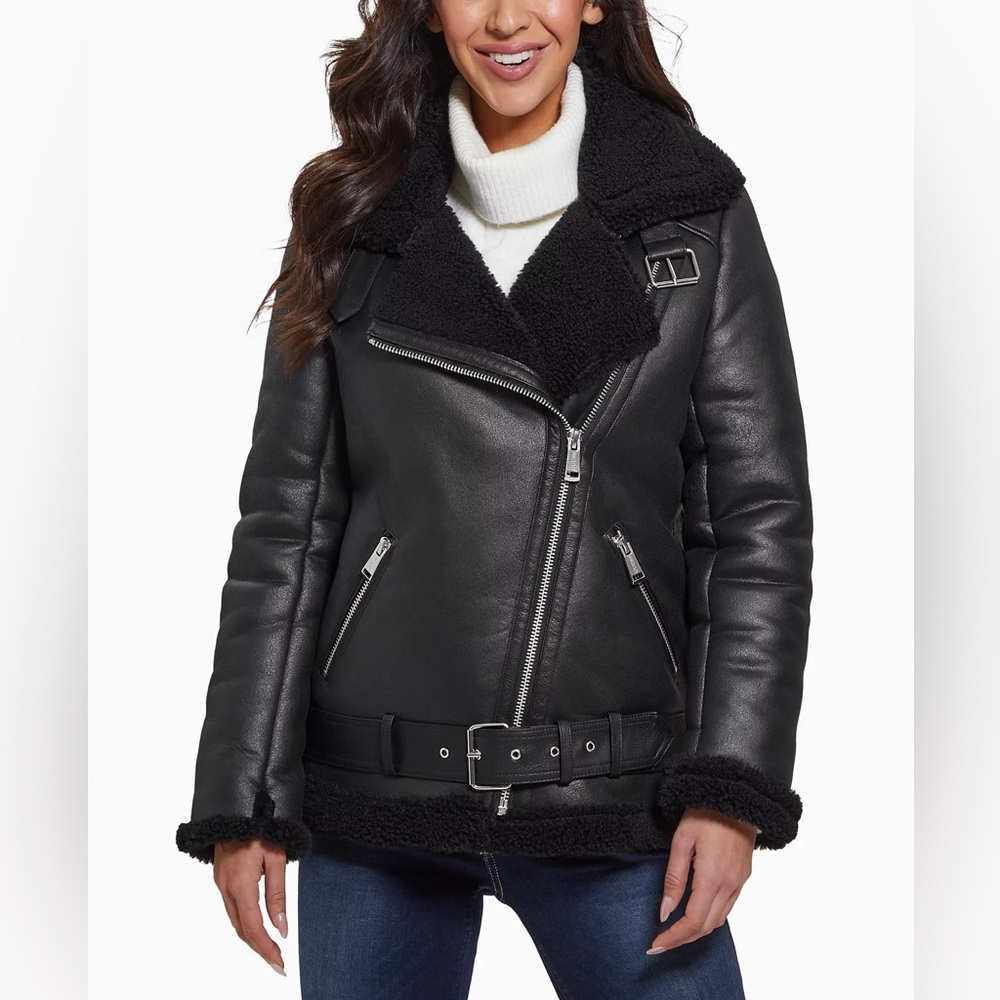 Guess Women’s Faux Shearling Asymmetric Moto Coat